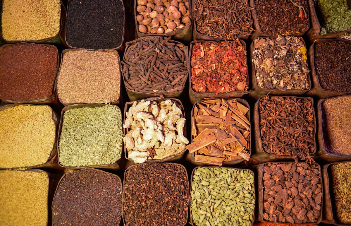 A few boxed filled with various herbs and spices from the Mediterranean
