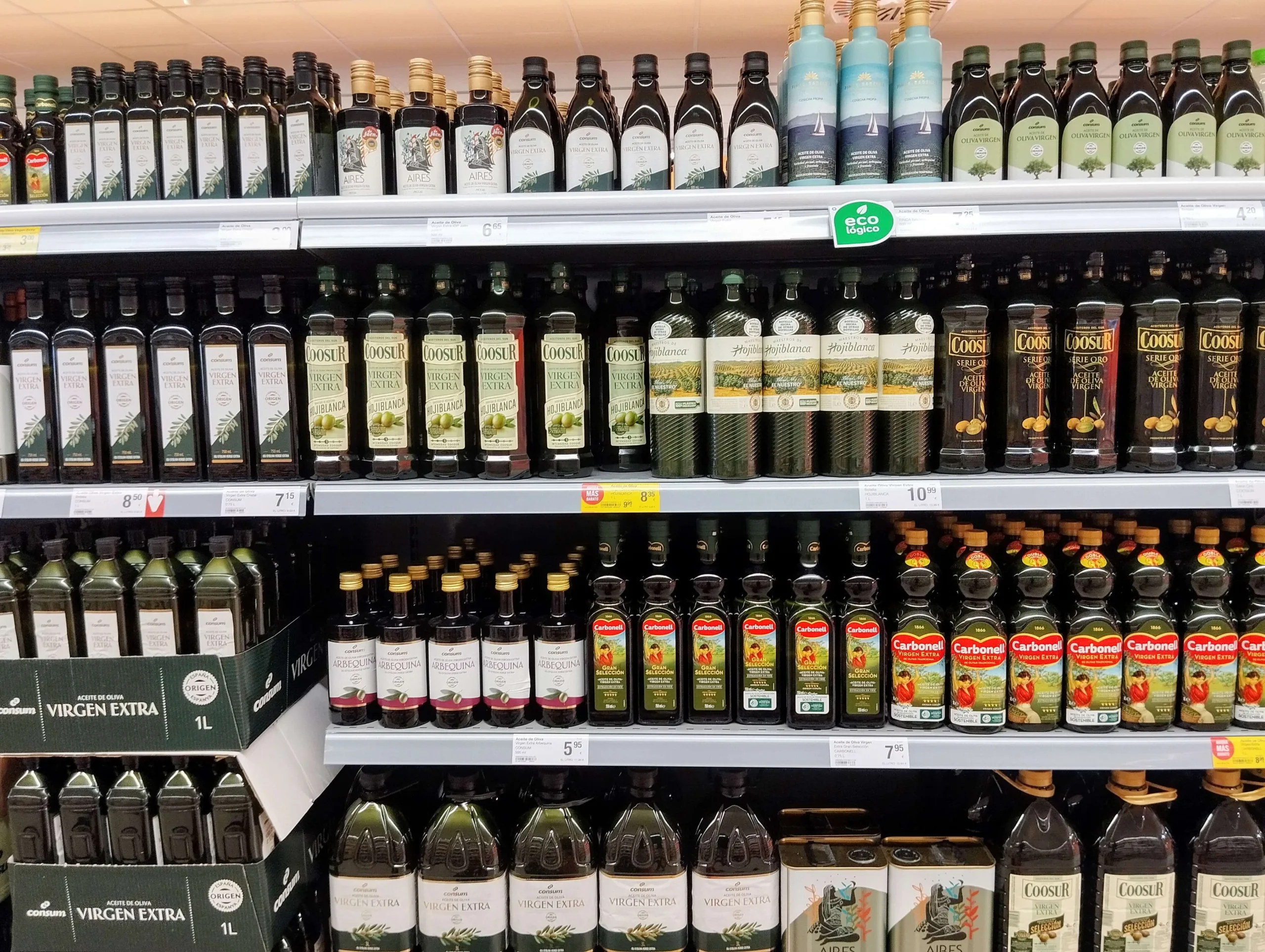 Olive oil bottles in a supermarket in Spain