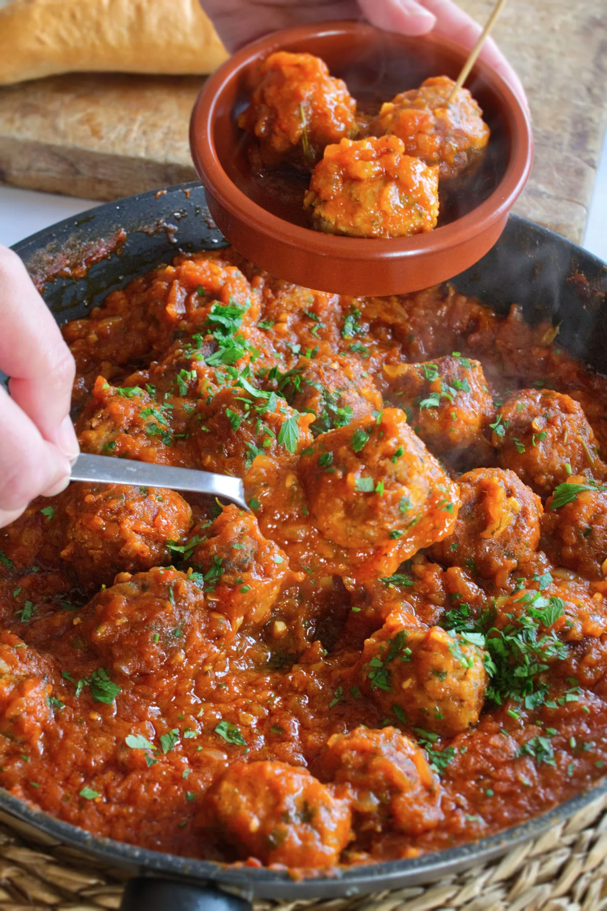 Spanish meatballs are served into a small bowl.