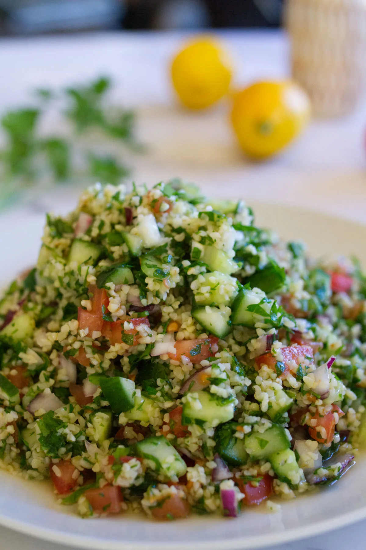 A large bowl of tabbouleh.
