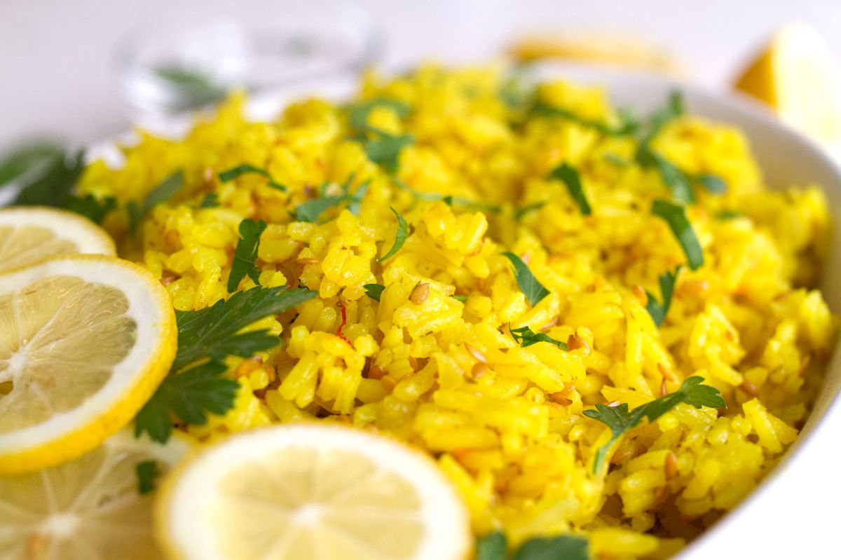 A large dish of Mediterranean Yellow Rice