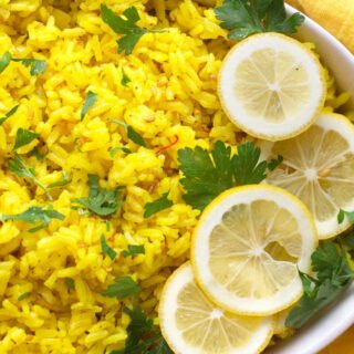 A large dish of Mediterranean Yellow Rice