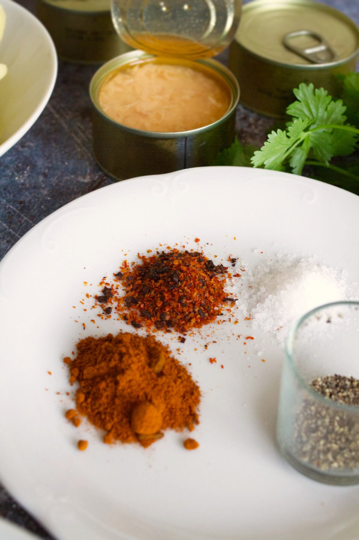 Some spices sit on a plate beside some tins of salmon.