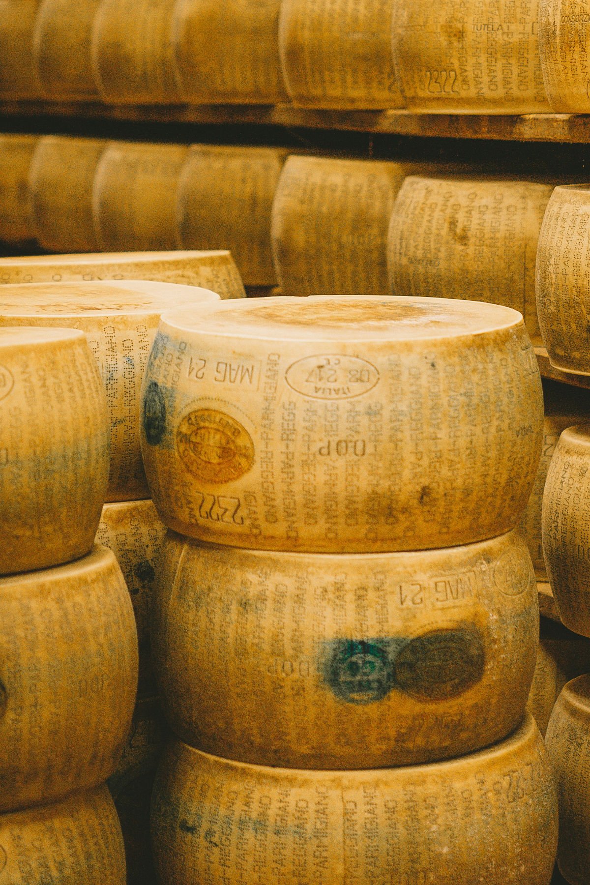 A few large wheels of parmesan cheese.