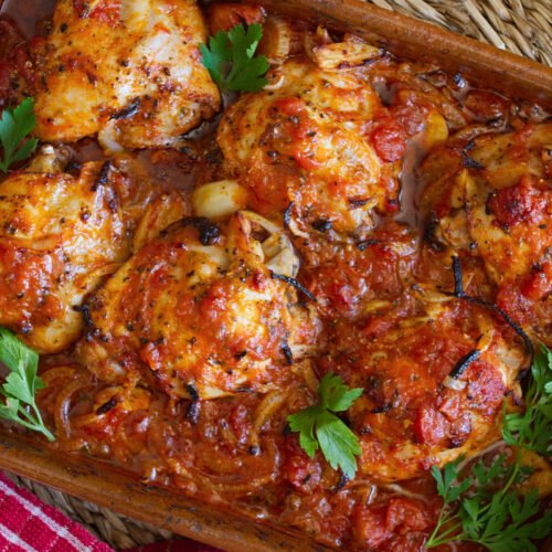 One-pan Greek chicken thighs with roast veg