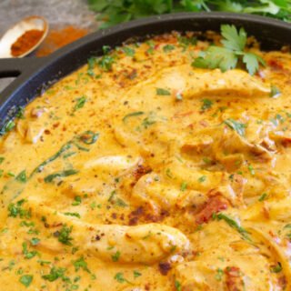 A large pan of creamy tuscan chicken