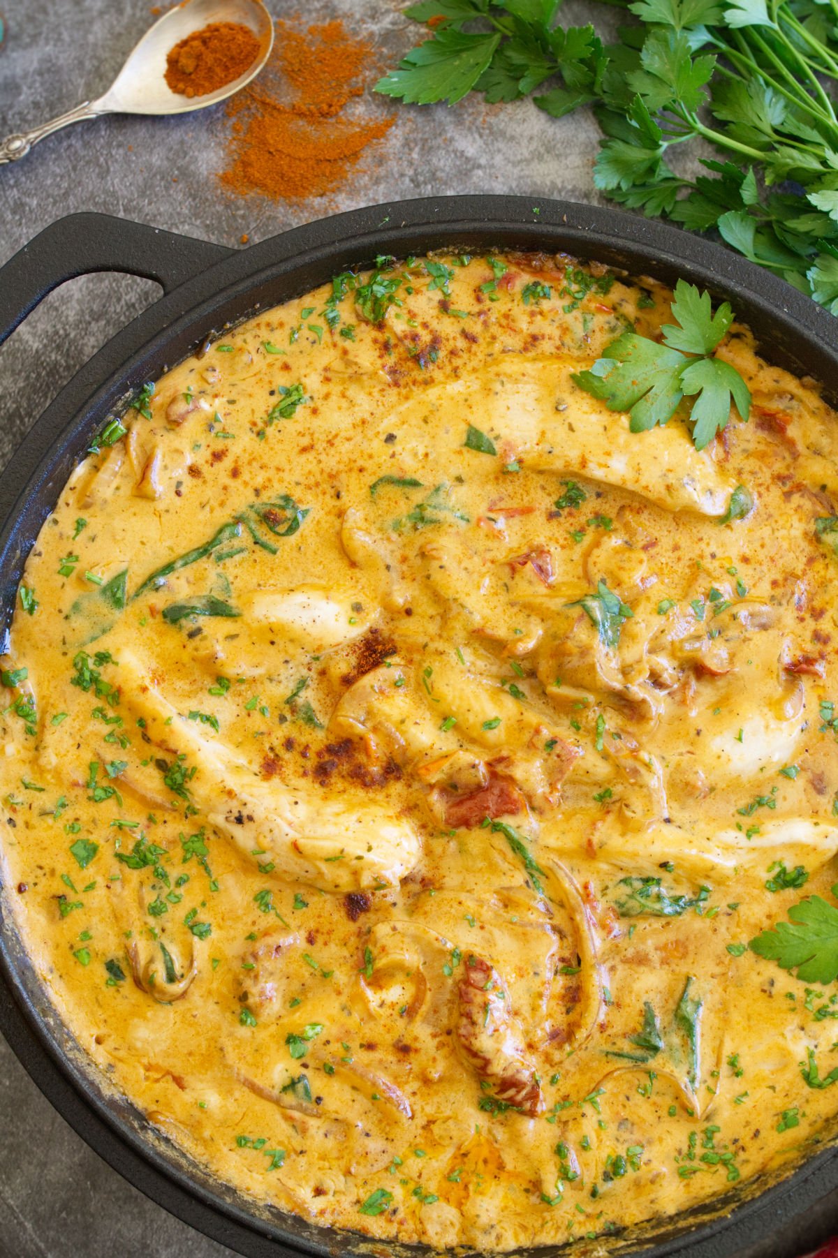 A large pan of creamy Tuscan chicken
