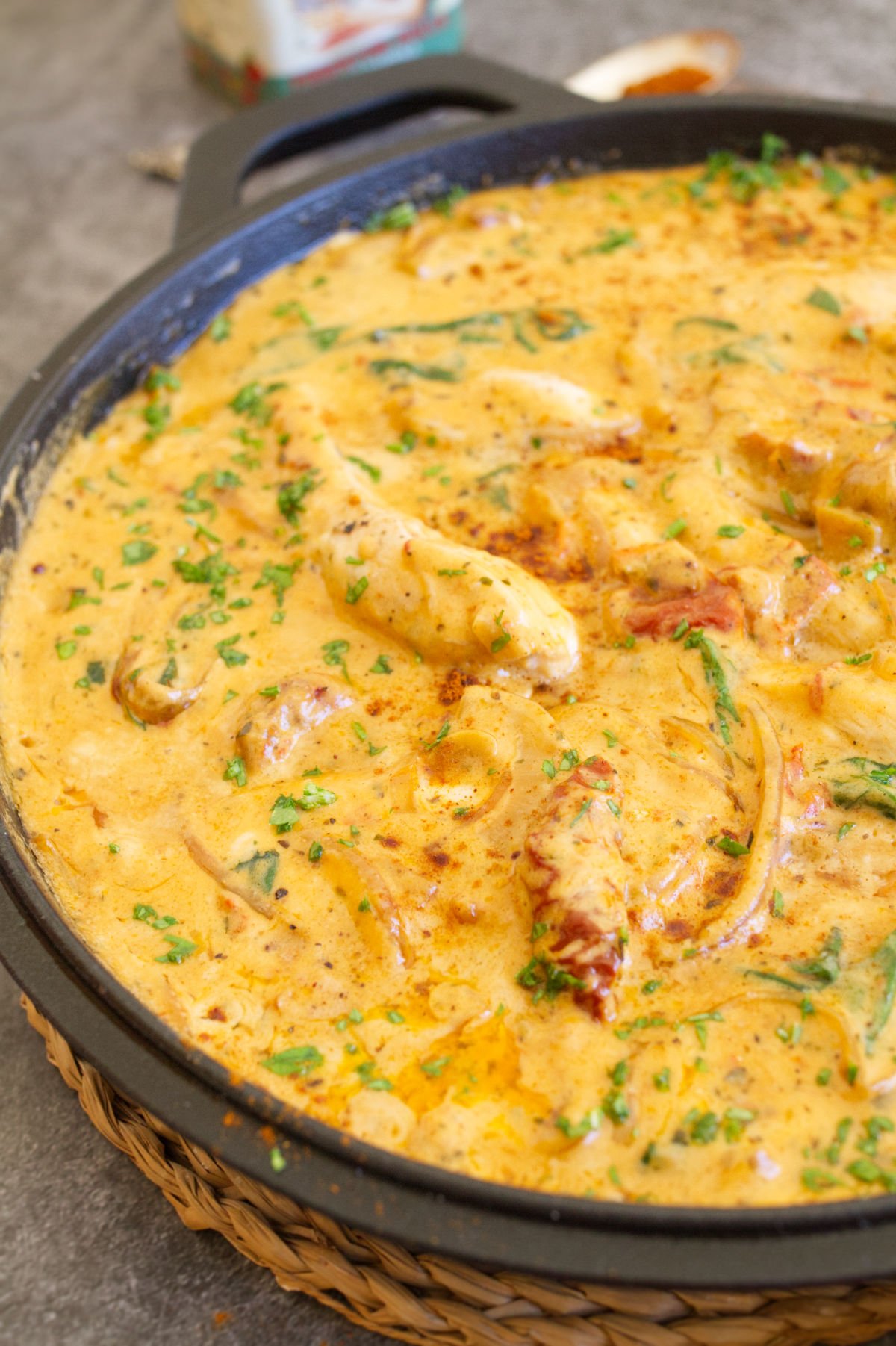 A large pan of creamy Tuscan chicken