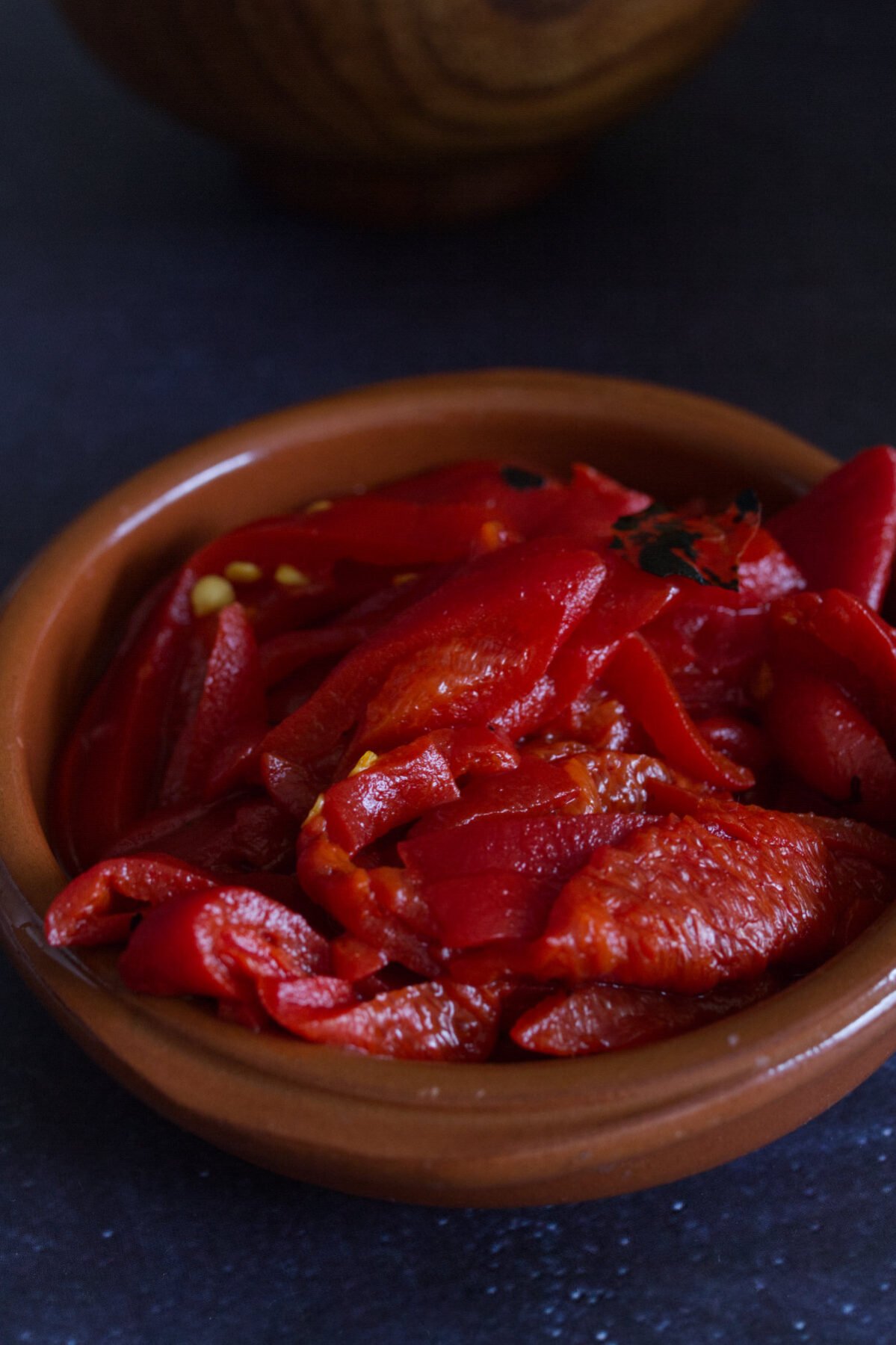 A small bowl of roasted piquillo peppers