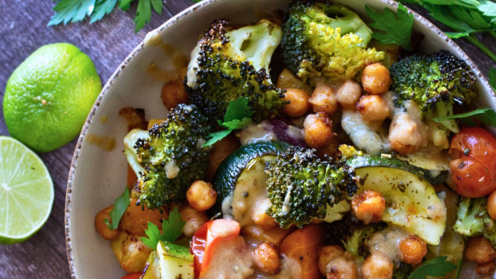 a bowl of Mediterranean roasted veggie bowls