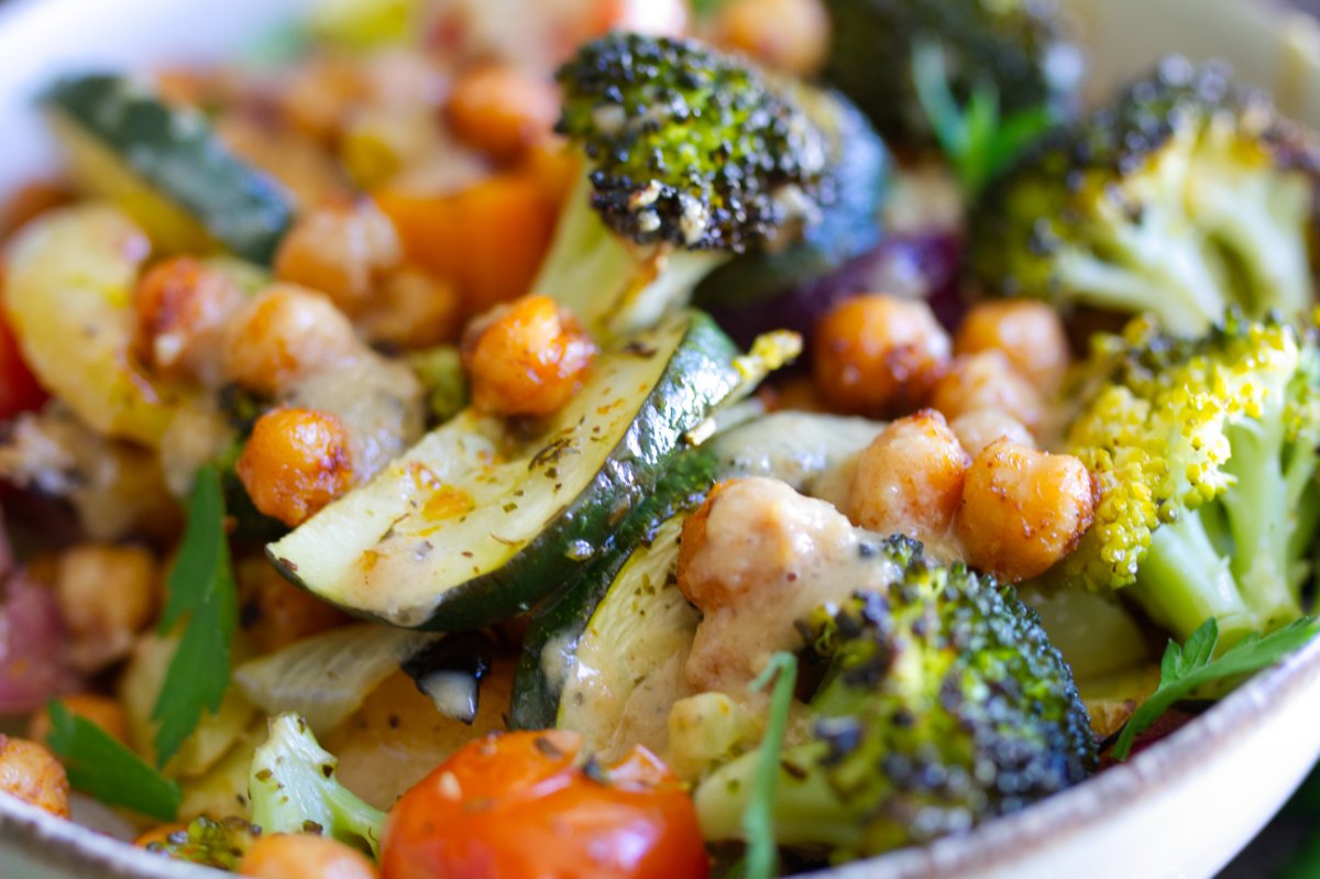 a bowl of Mediterranean roasted veggie bowls