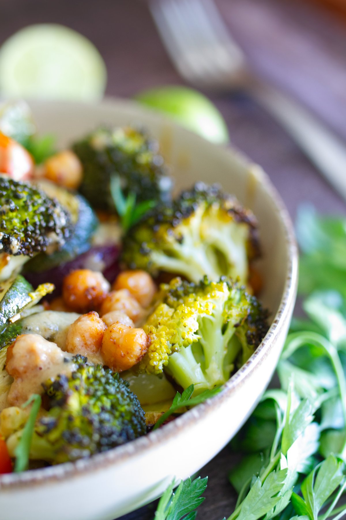 a bowl of Mediterranean roasted veggie bowls