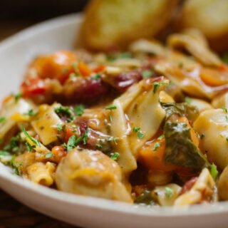 a large bowl of vegan lasagna soup