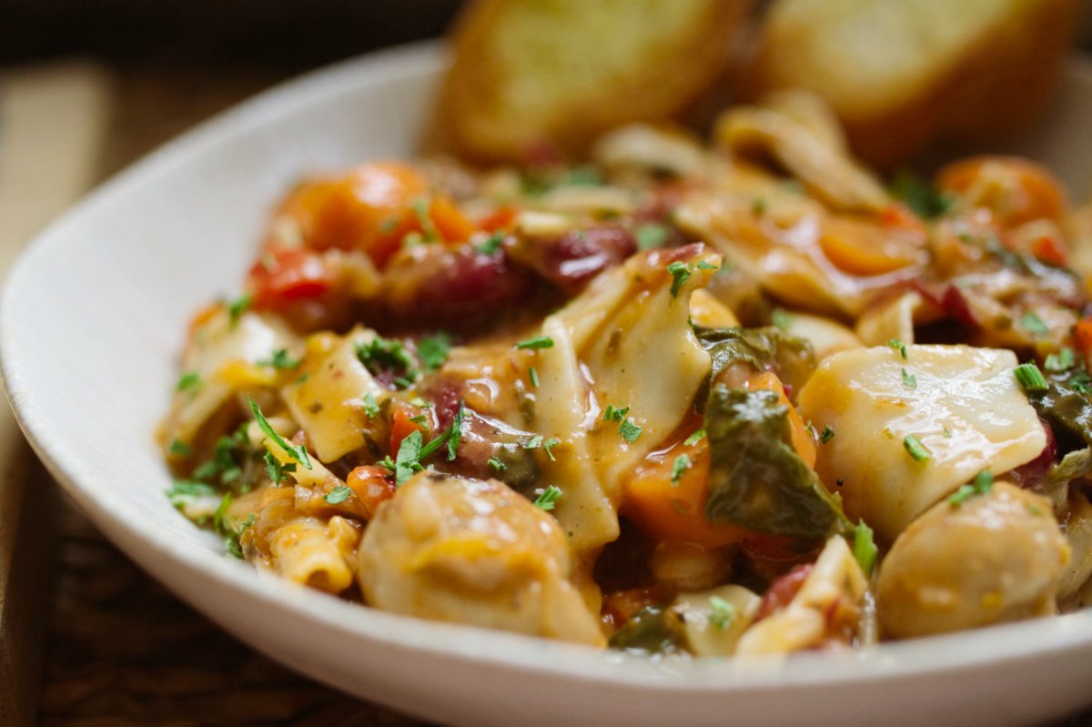 a large bowl of vegan lasagna soup