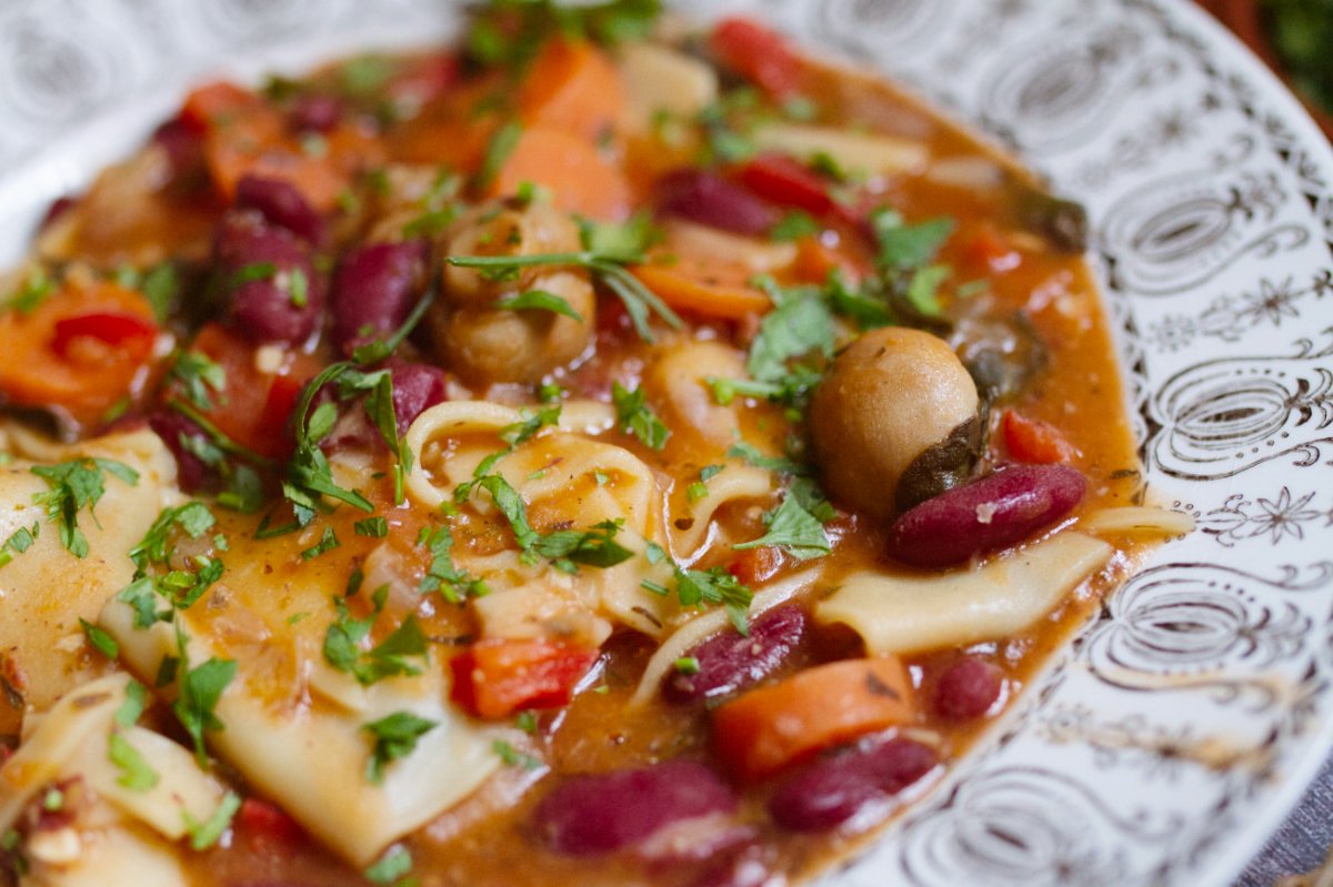 a large bowl of vegan lasagna soup