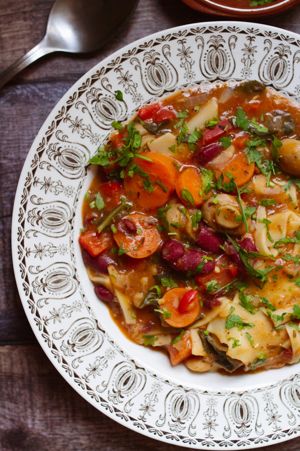 a large bowl of vegan lasagna soup