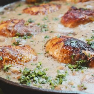 a large pan of chicken fricasssee