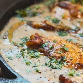 a large pan of chicken fricasssee