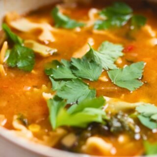 A large bowl of italian pasta soup