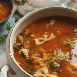 A large bowl of italian pasta soup