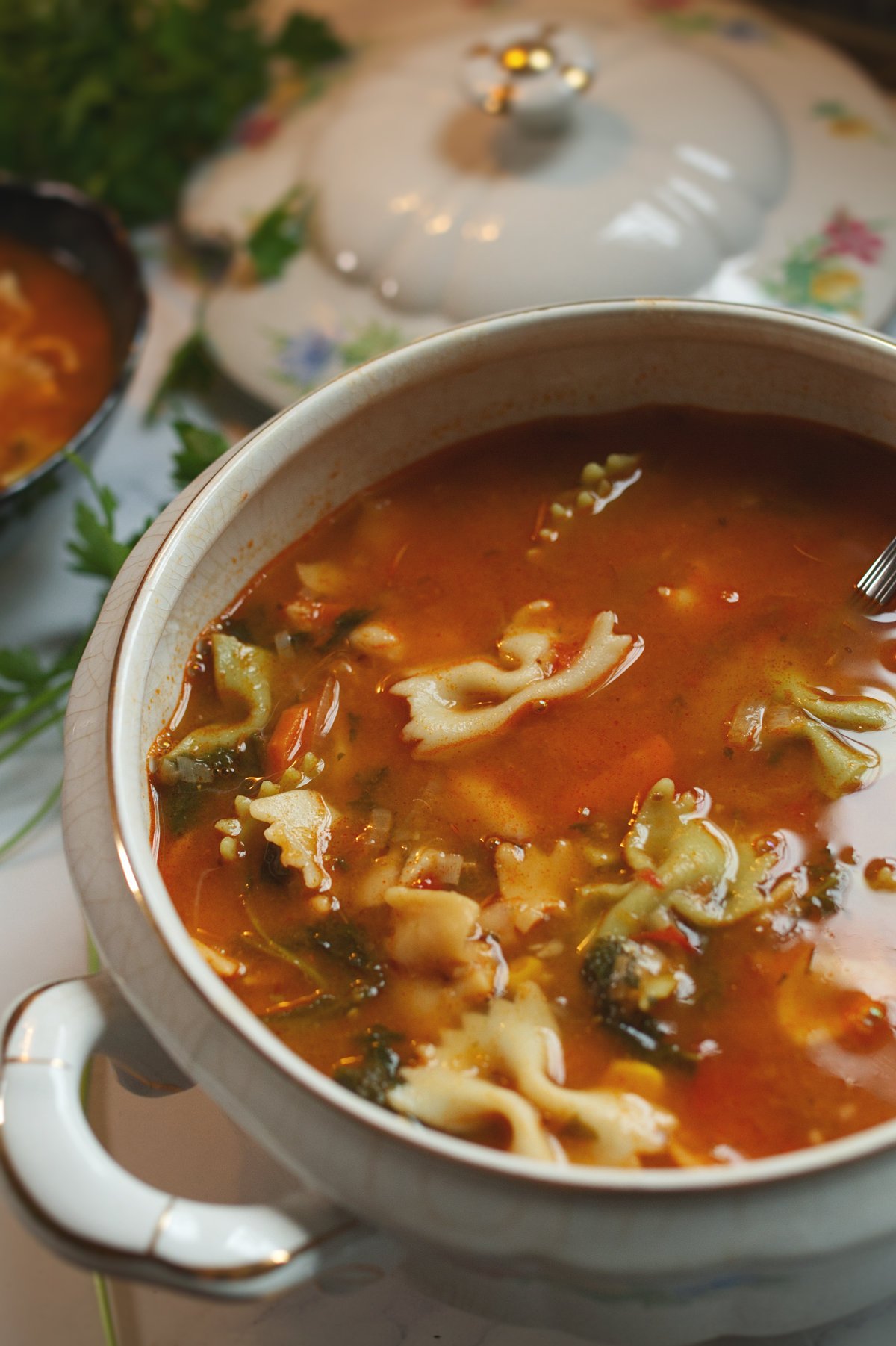 A large bowl of italian pasta soup