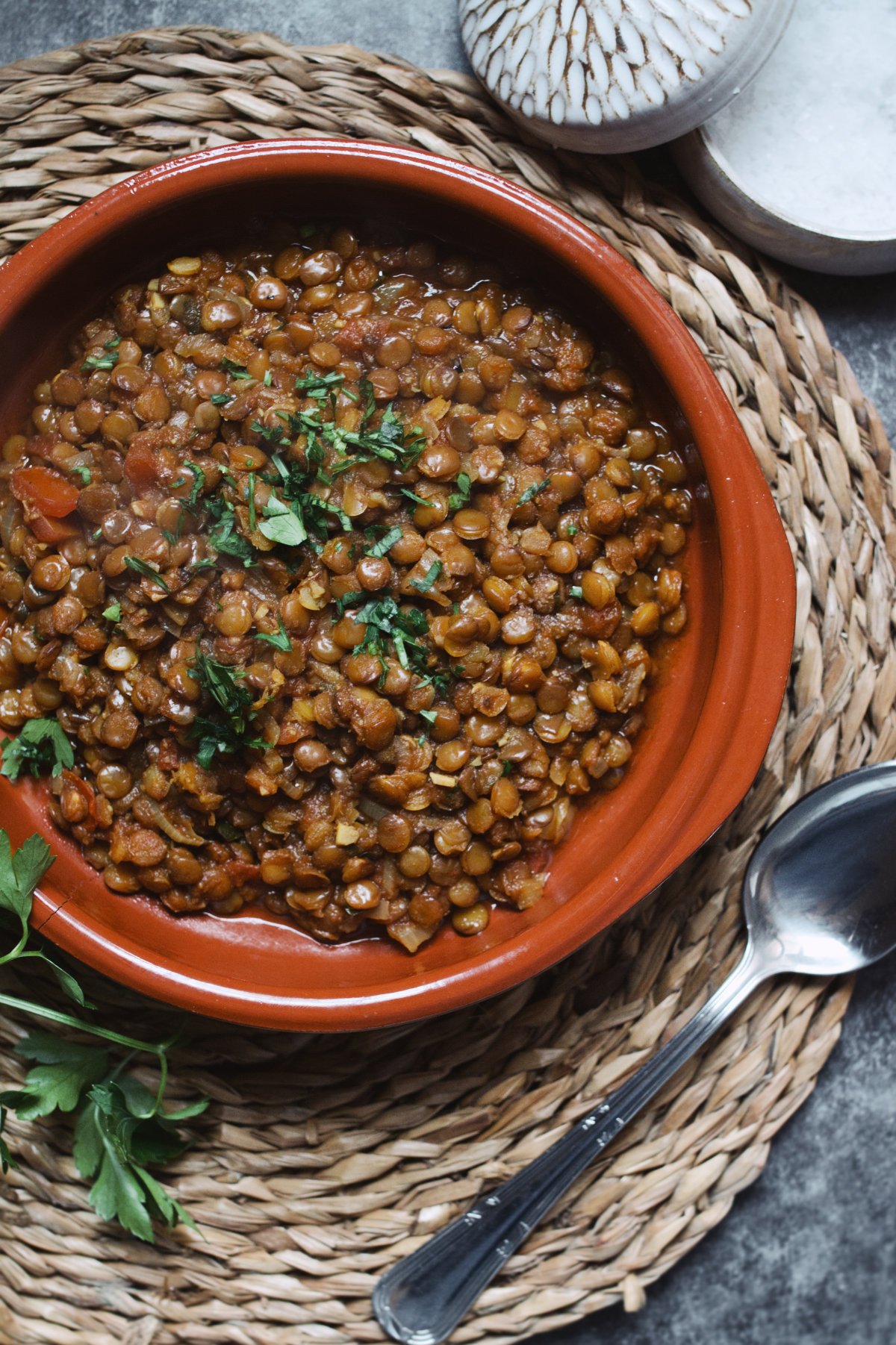 A small bowl serving of Moroccan lentils.