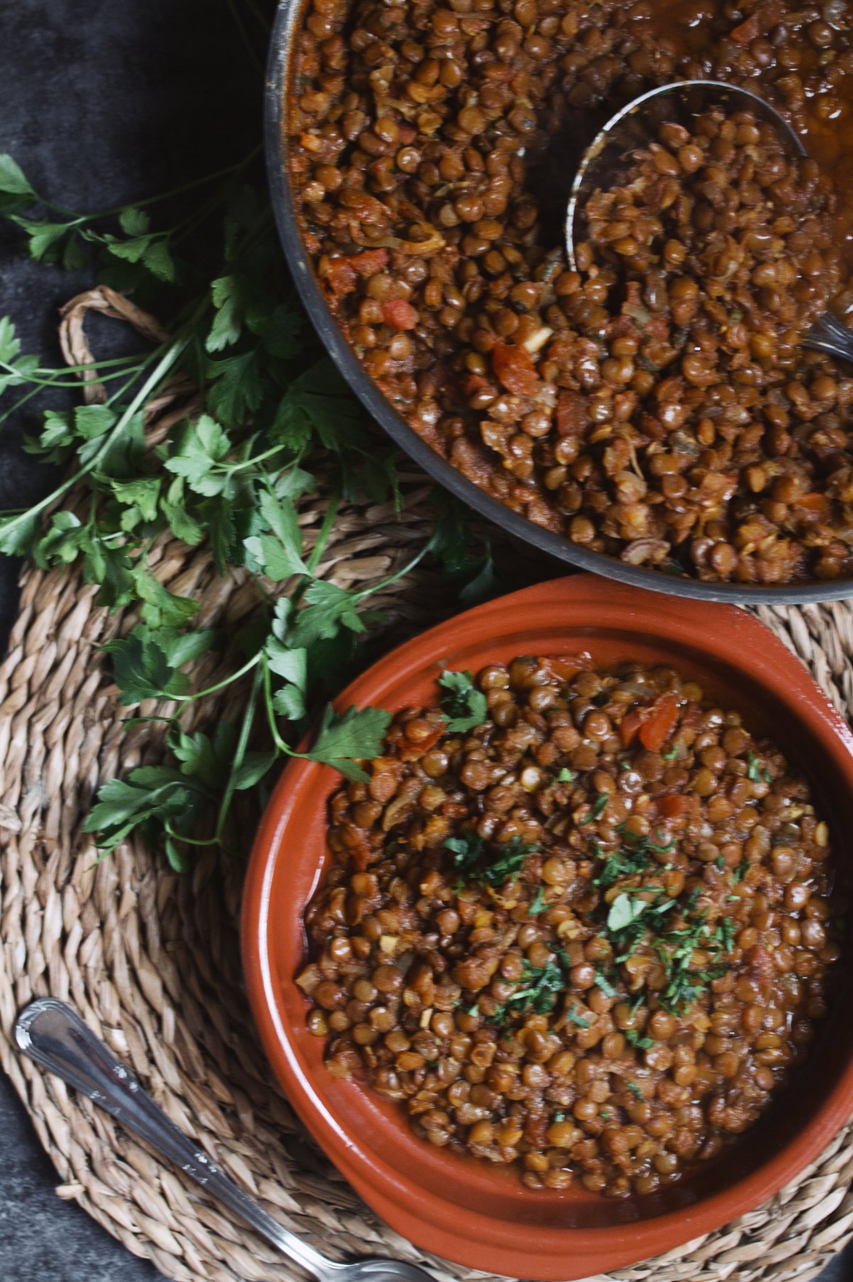 A small bowl serving of Moroccan lentils.