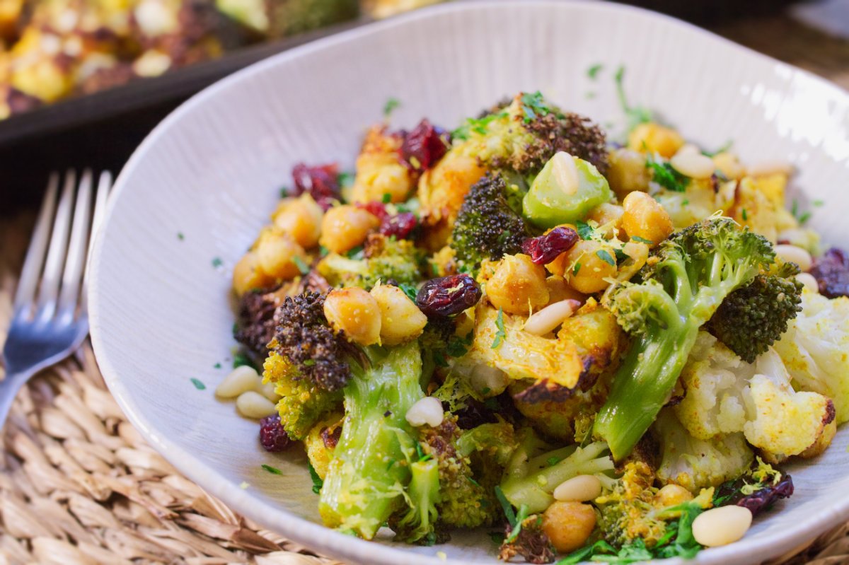 A bowl of Roasted Broccoli, Cauliflower, and Chickpeas