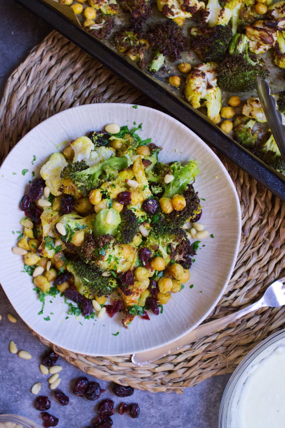 A bowl of Roasted Broccoli, Cauliflower, and Chickpeas