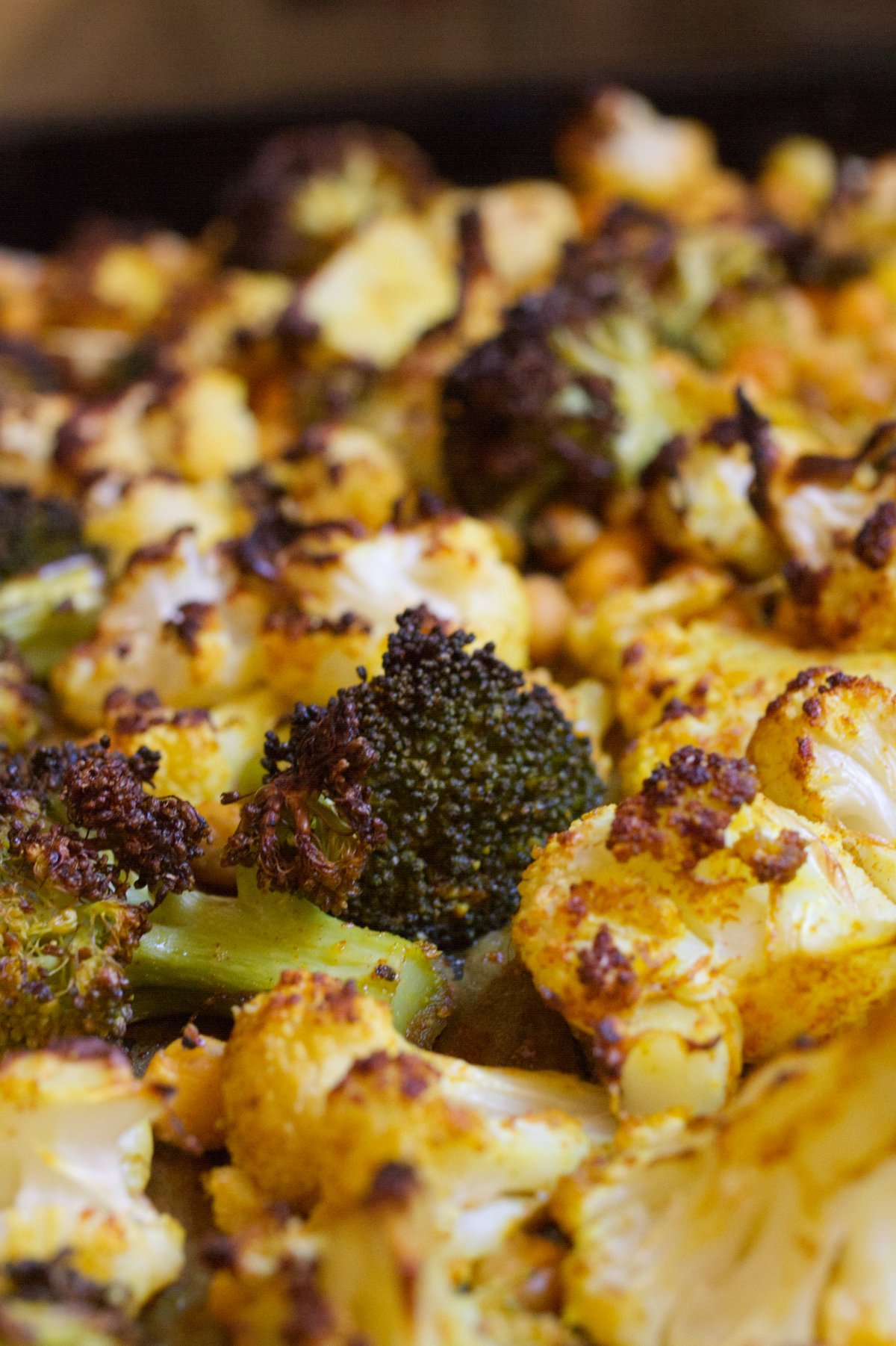 A baking tray of Roasted Broccoli, Cauliflower, and Chickpeas