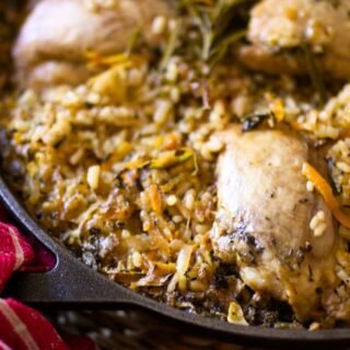 A large pan of Mediterranean Chicken & Rice