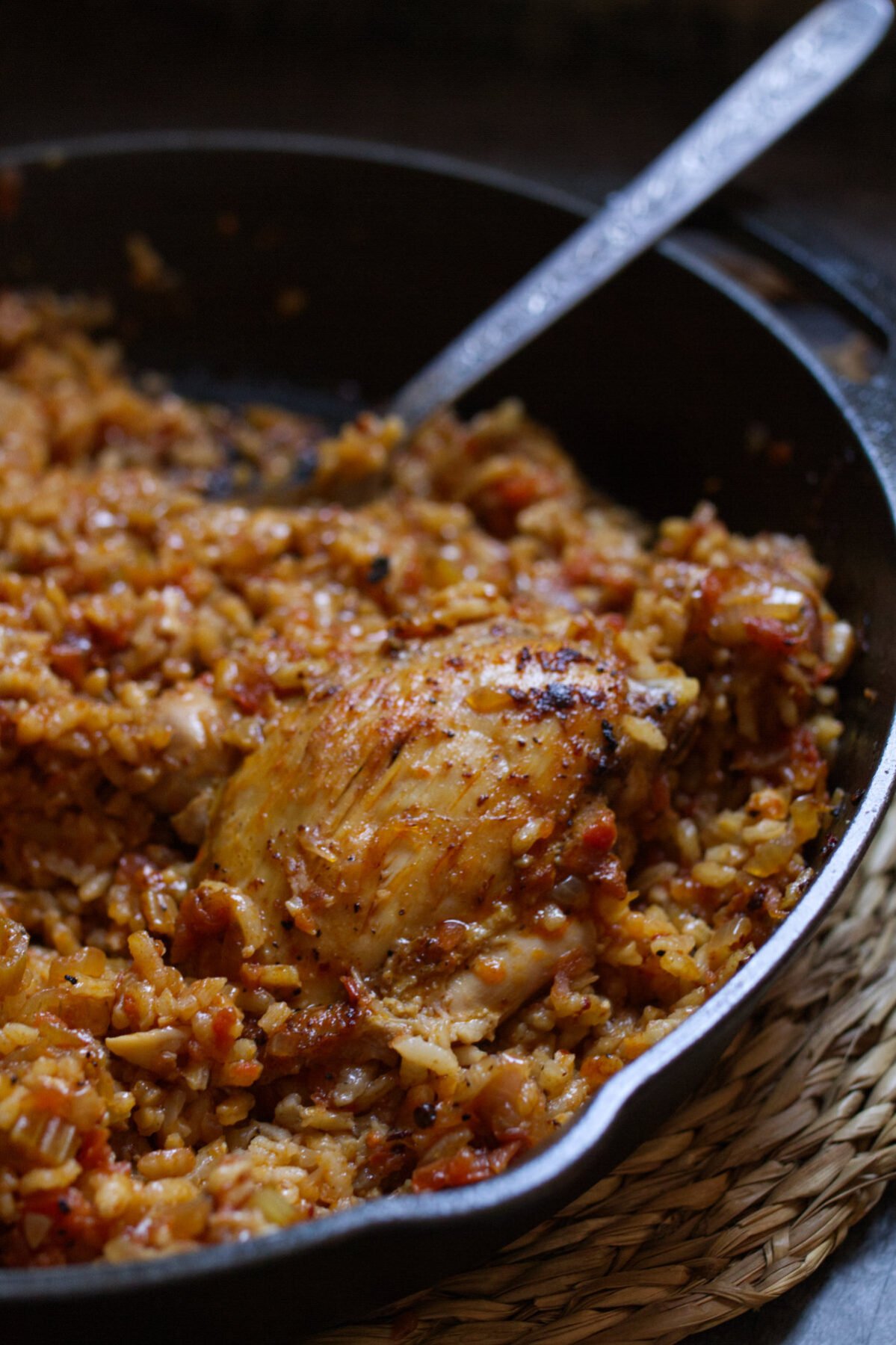 chicken-chorizo-rice-v17 - happymediterranean.com A large pan of Spanish-Style Chicken chorizo and rice