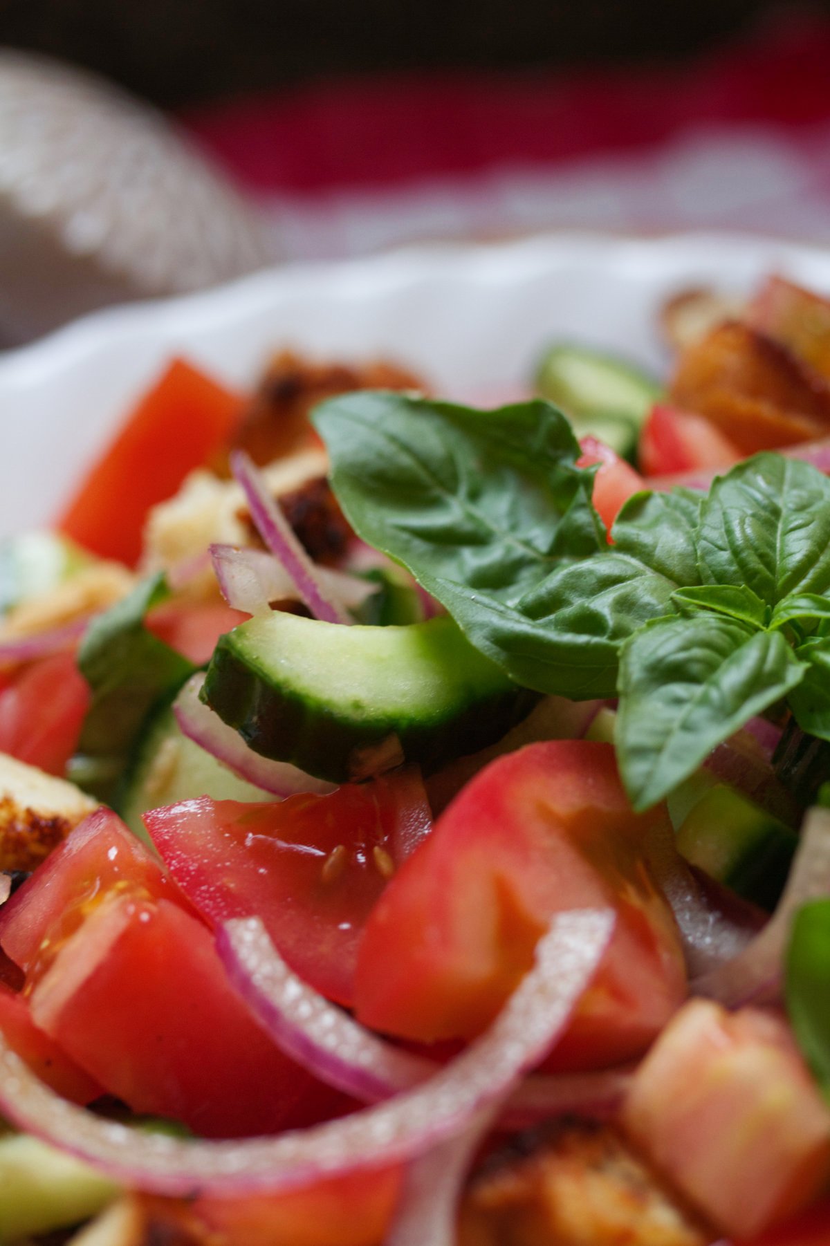 Panzanella Salad-v12 - happymediterranean.com A bowl of Panzanella salad