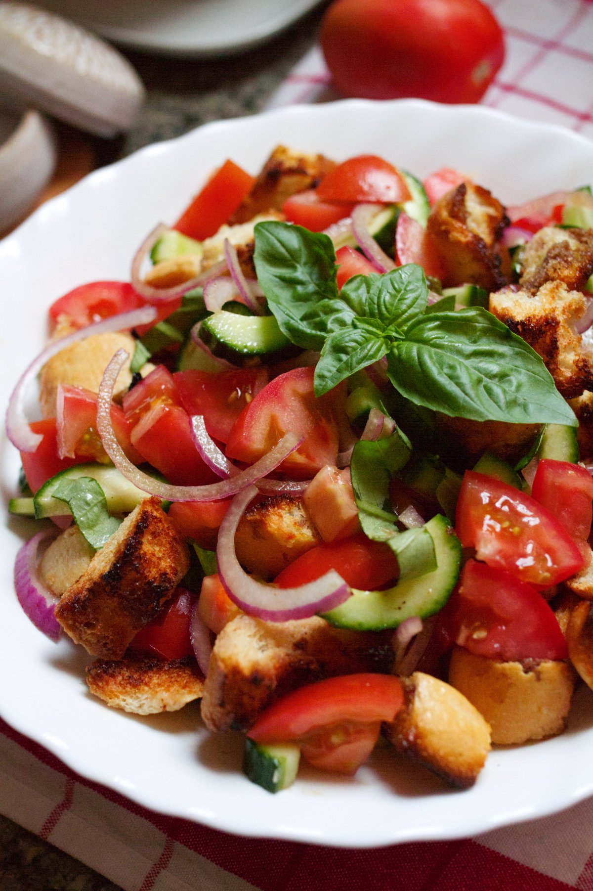 Panzanella Salad-v2 - happymediterranean.com A bowl of Panzanella salad