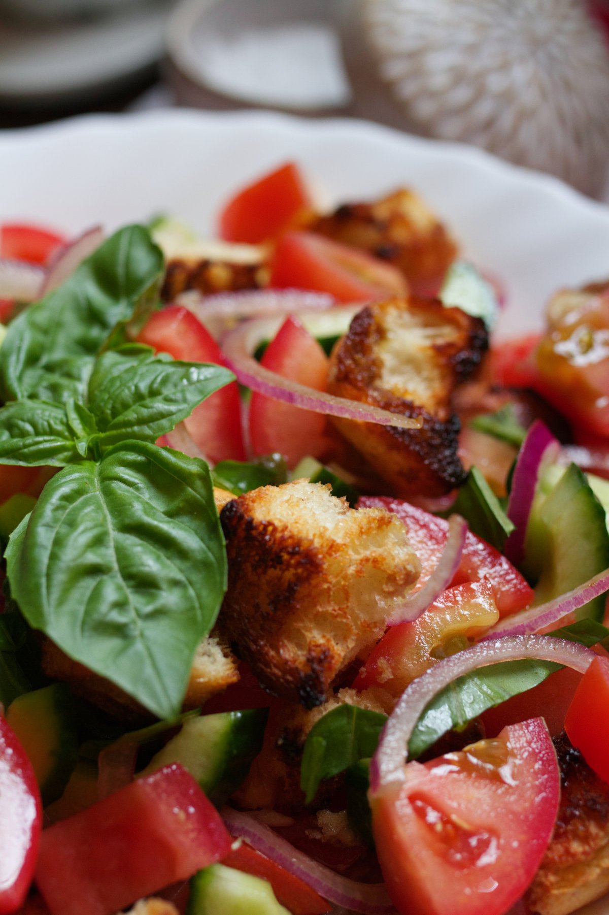 Panzanella Salad-v9 - happymediterranean.com A bowl of Panzanella salad