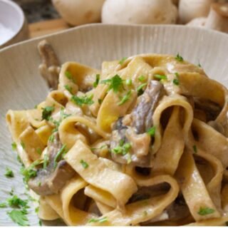 A bowl of creamy mushroom pasta