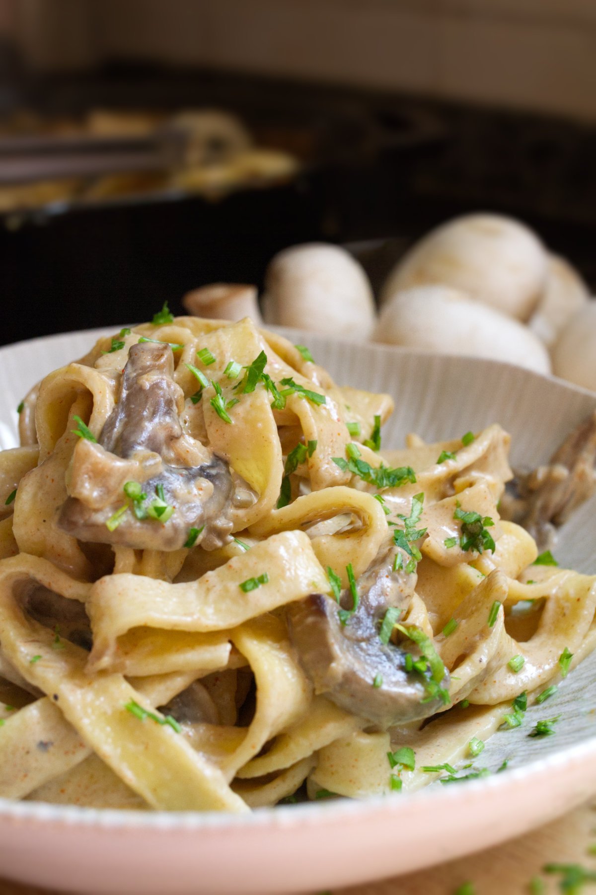 creamy mushroom pasta-v6 - happymediterranean.com A bowl of creamy mushroom pasta