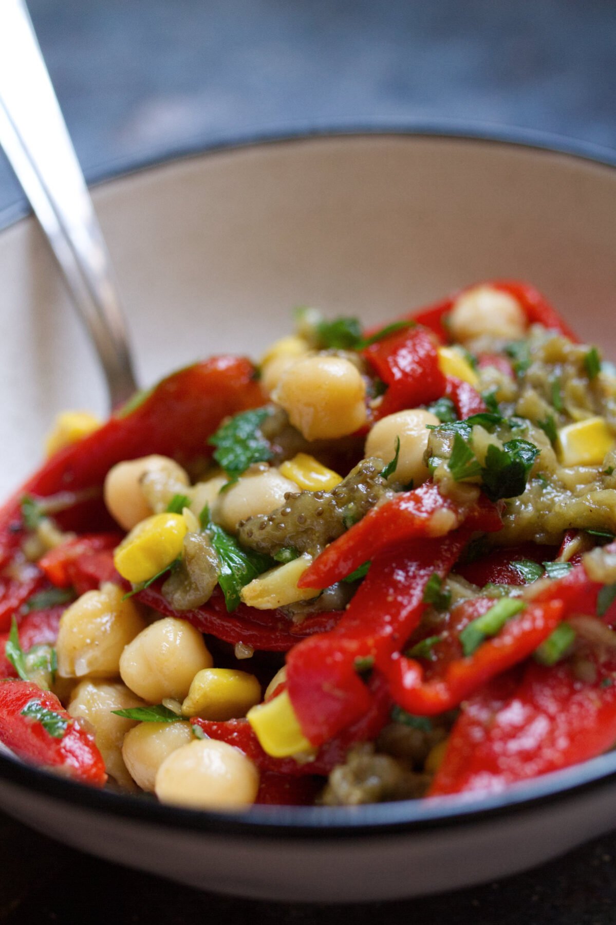 eggplant and chickpea salad-v13 - happymediterranean.com A bowl of eggplant and chickpea salad
