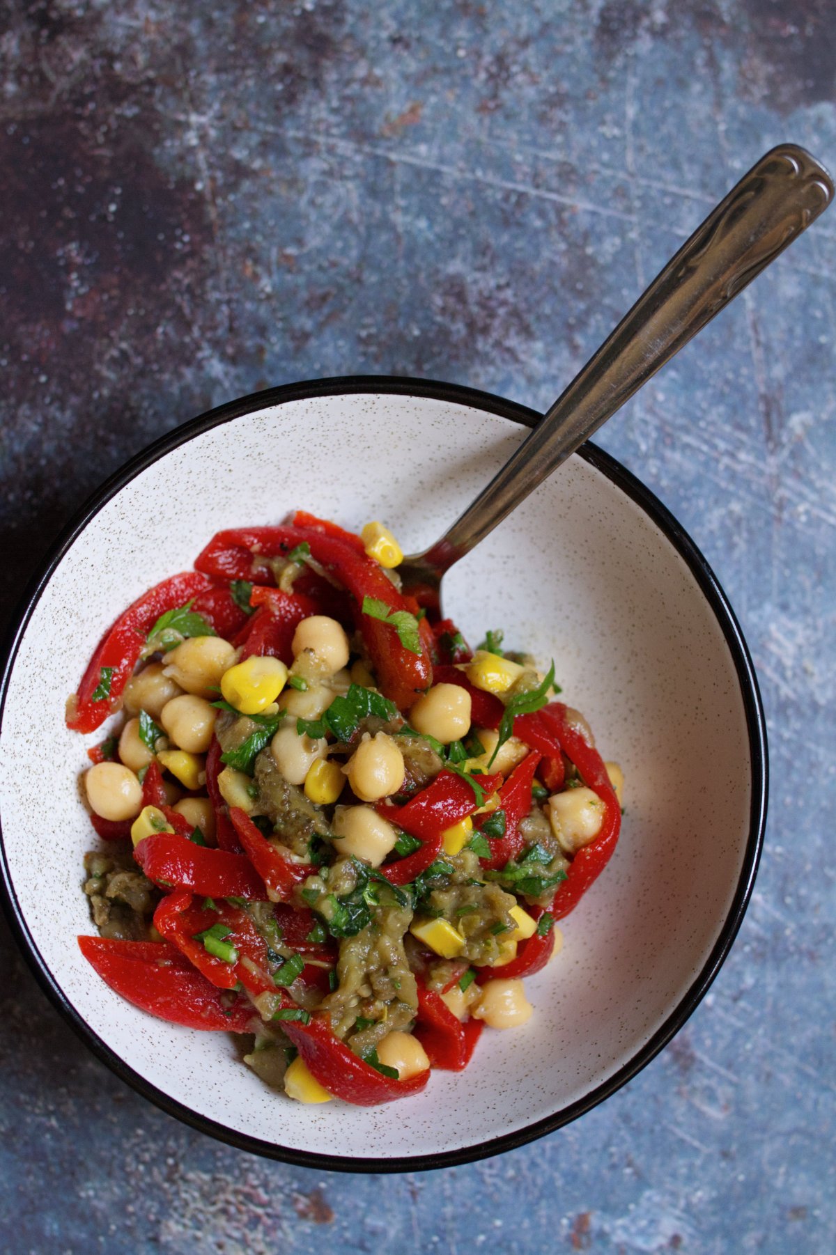 eggplant and chickpea salad-v15 - happymediterranean.com A bowl of eggplant and chickpea salad