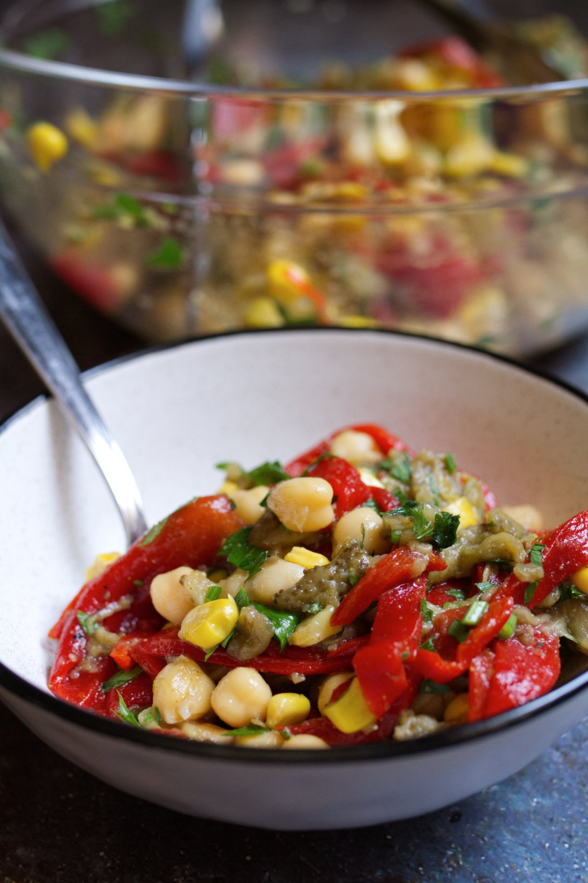 eggplant and chickpea salad-v18 - happymediterranean.com A bowl of eggplant and chickpea salad
