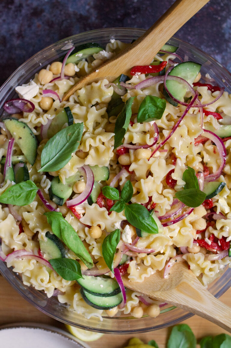 Mediterranean Pasta Salad with Feta & Lemon-Basil Dressing