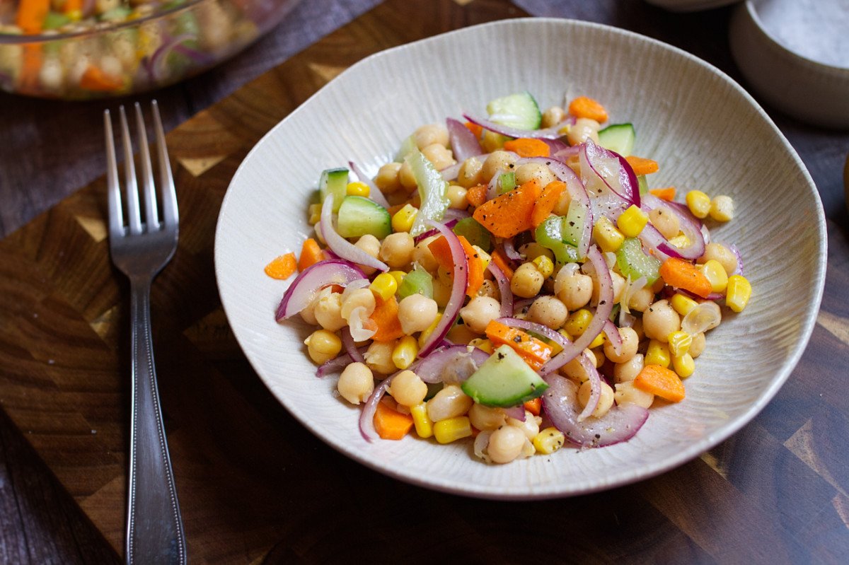 a bowl of Mediterranean chickpea salad
