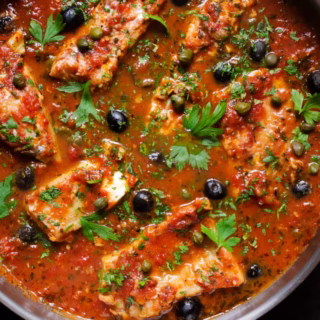 a large pan of Fish Puttanesca