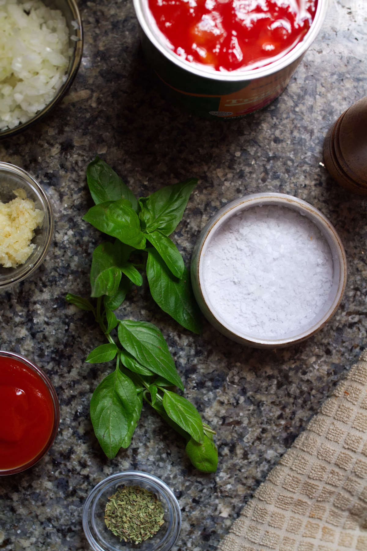 salt, tomatoes, basil, and herbs