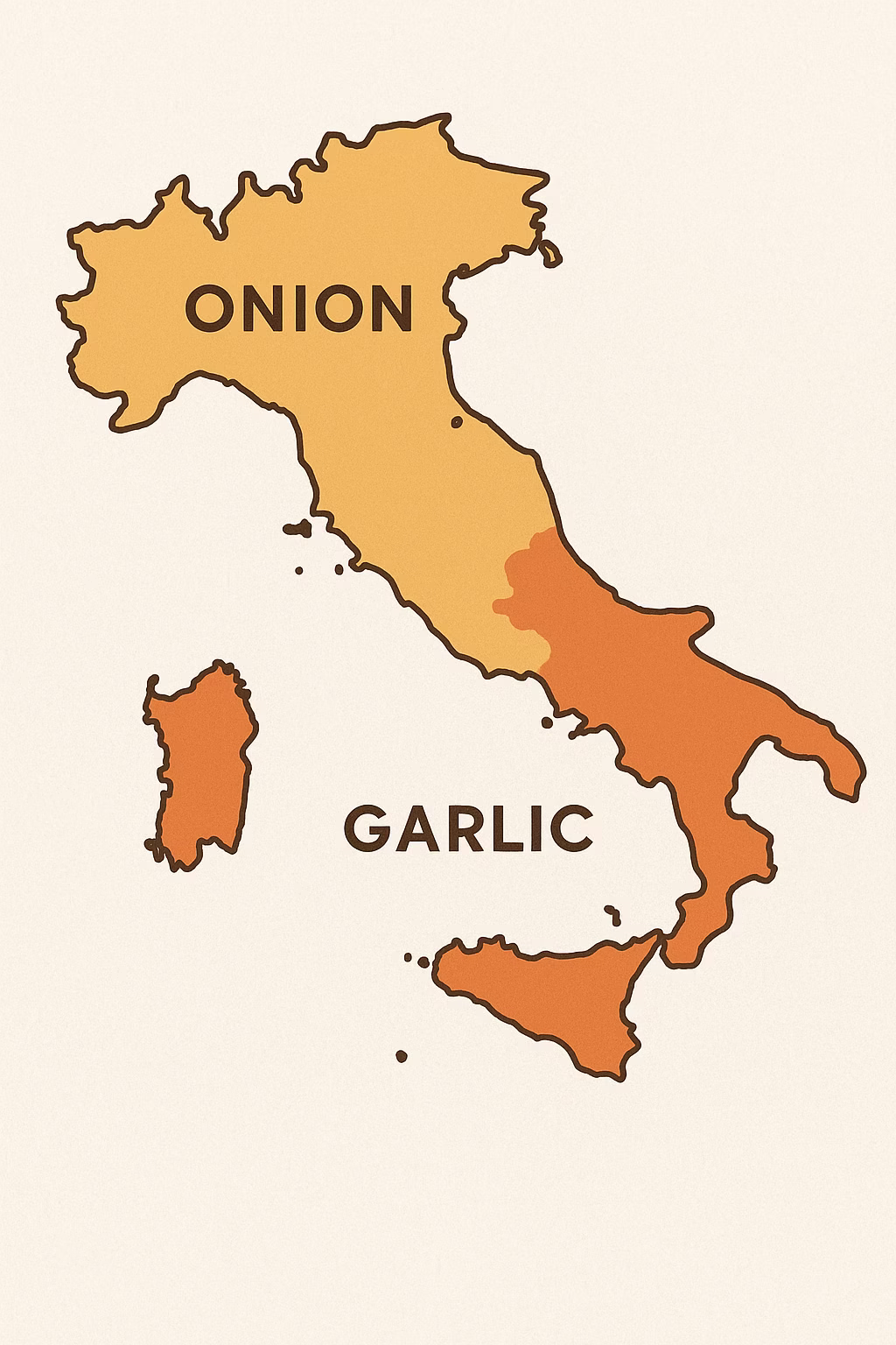 A ma of Italy divided between garlic in the South, and Onion, in the North. 