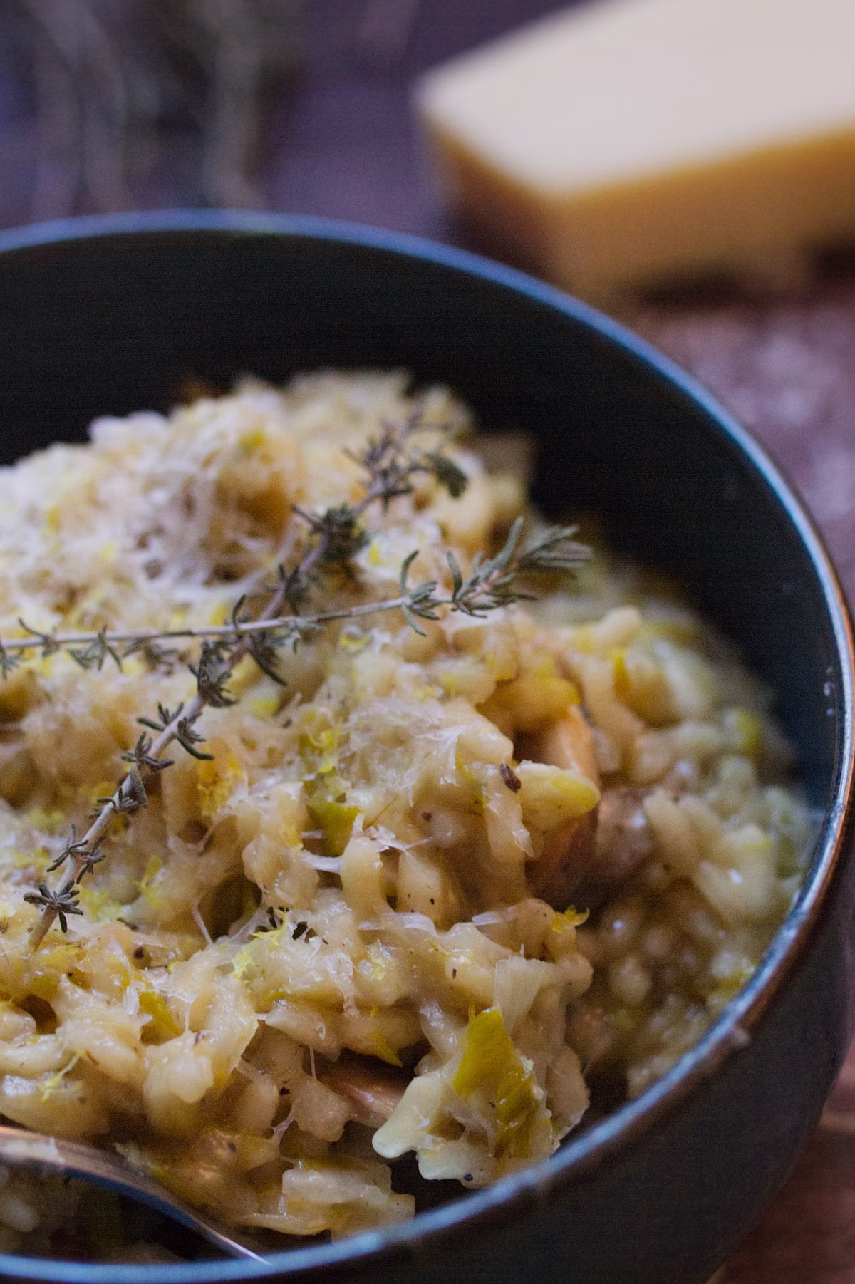 Mushroom Leek Risotto-v19 - happymediterranean.com A bowl of Mushroom & leek risotto
