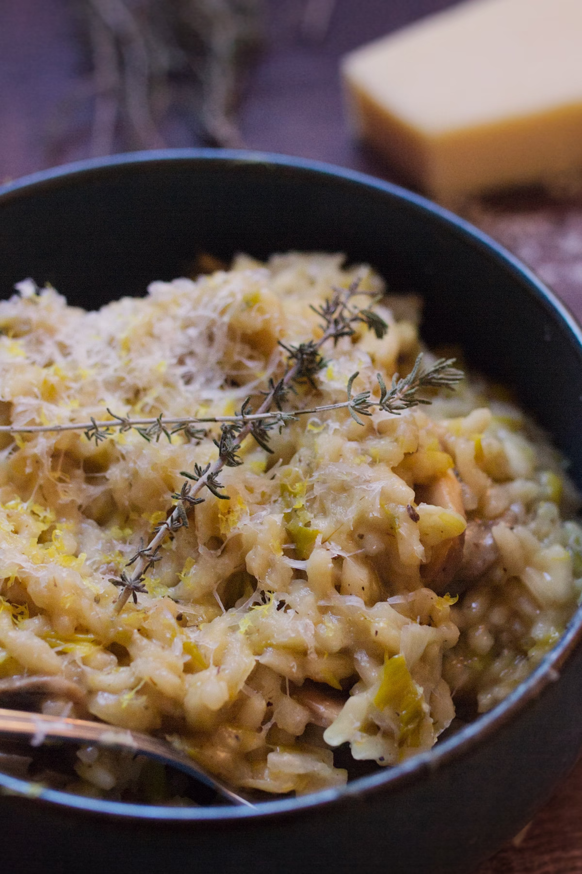 Mushroom Leek Risotto-v25 - happymediterranean.com A bowl of Mushroom & leek risotto